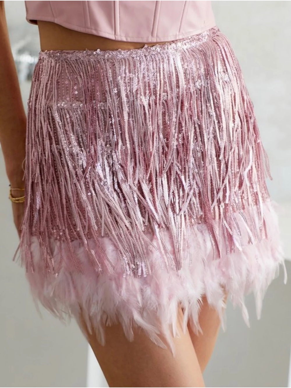 Day + Moon Breme Feather Sequin Mini Skirt in Ballet Pink
